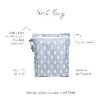 The Bumkins Wet Bag: Arrow features a gray design with white arrows, a zipper, and snap handle. Its 12x14 and made of waterproof fabric.