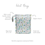 The Wet Bag: Cacti by Bumkins has a snap handle, zipper closure, and heat-sealed seams. Its made of waterproof fabric and measures 12x14.