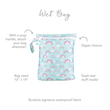 Bumkins Wet Bag: Rainbows, light blue with rainbows/clouds, snap handle, zipper, waterproof fabric. Size 12x14. Machine washable.