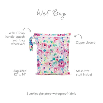 Bumkins Wet Bag: Watercolor, floral pattern, 12x14, zipper closure, snap handle. Made with waterproof fabric.