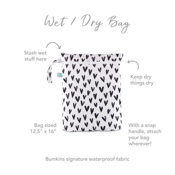 Bumkins Wet/Dry Bag: Hearts features a black heart pattern, snap handle, labeled sections & waterproofing. Size: 12.5x16.