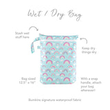 Bumkins 12.5x16 Rainbows Wet/Dry Bag in turquoise offers labeled pockets, snap handle, and waterproof fabric for reusable use.