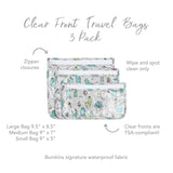 The Bumkins Clear Travel Bag 3-Pack: Cacti features cactus prints on TSA-compliant, waterproof bags with zipper closures.