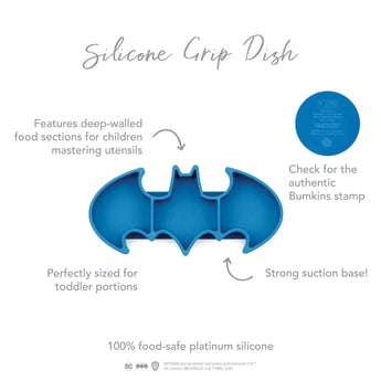 Introducing Bumkins Silicone Grip Dish: Batman Blue, a toddler plate with bat-shaped sections, deep walls, and secure suction.