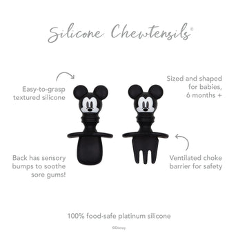 The Bumkins Silicone Chewtensils®: Mickey Mouse set includes safe, sensory utensils for baby-led weaning.