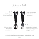 Bumkins Spoon + Fork set for toddlers features Mickey Mouse design, rounded tines, concave spoon, and food-safe silicone grips.