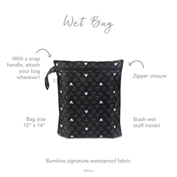 Bumkins Wet Bag: Mickey Mouse Icon Black + White, 12x14, waterproof with zipper and snap handle, ideal for essentials on-the-go.