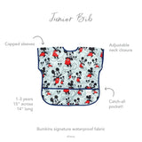 Bumkins Junior Bib: Mickey Mouse Classic features a waterproof fabric, adjustable neck closure, and catch-all pocket.