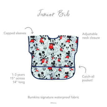 Bumkins Junior Bib: Mickey Mouse Classic features a waterproof fabric, adjustable neck closure, and catch-all pocket.