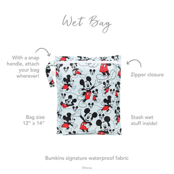 Bumkins Mickey Mouse Classic wet bag features waterproof fabric, a zipper closure, snap handle; reusable, size 12 x 14.