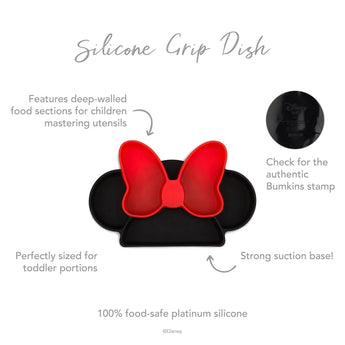 Bumkins Silicone Grip Dish: Minnie Mouse has a secure suction base and is food-safe, featuring a cute red bow with perfect portions.