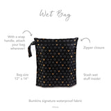 The Bumkins Wet Bag, Minnie Mouse Icon Black + White, is 12x14 with a zipper and snap handle. Perfect for stashing wet items!.