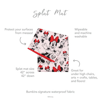 Introducing the Bumkins Splat Mat: Minnie Mouse! This 42 x 42 square mat features a fun cartoon design, is waterproof, wipeable, and machine washable. Ideal for under high chairs or for arts & crafts. Keep surfaces clean with ease!.