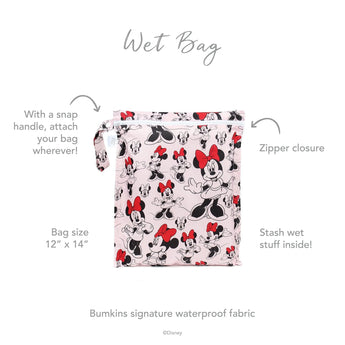 Bumkins Wet Bag: Minnie Mouse Classic features a red bow, snap handle, zipper closure, and waterproof fabric; perfect for travel.