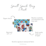 Two small Bumkins Super Mario™ reusable snack bags, 3.5 x 7, with zippers, waterproof, and dishwasher-safe material.