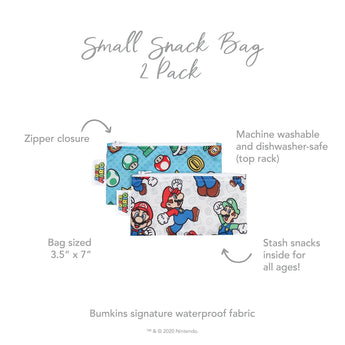 Two small Bumkins Super Mario™ reusable snack bags, 3.5 x 7, with zippers, waterproof, and dishwasher-safe material.