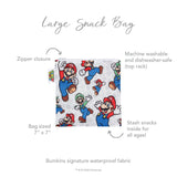 A Bumkins Super Mario™ & Luigi reusable snack bag, 7x7, with zipper closure. Waterproof, washable, and dishwasher-safe.