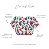 The Bumkins Super Mario™ Classic Sleeved Bib has waterproof, stain-resistant fabric with elastic cuffs and a handy catch-all pocket.