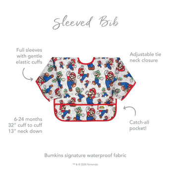 The Bumkins Super Mario™ Classic Sleeved Bib has waterproof, stain-resistant fabric with elastic cuffs and a handy catch-all pocket.