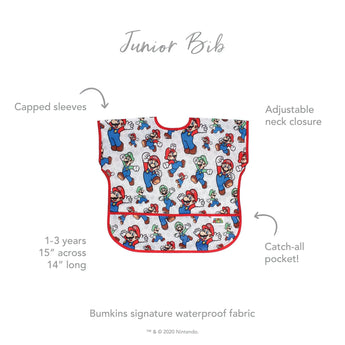 The Bumkins Junior Bib: Super Mario™ & Luigi features capped sleeves, an adjustable neck, and a catch-all pocket. Ideal for ages 1-3.