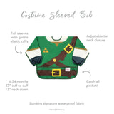 The Bumkins Sleeved Bib: Zelda™ has a green costume, yellow belt, waterproof fabric, adjustable neck, and catch-all pocket for ages 6-24 months.