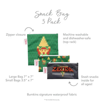 Bumkins Zelda™ 3-pack snack bags feature zippered, pixel art designs and are green/black, reusable, machine washable, and waterproof.