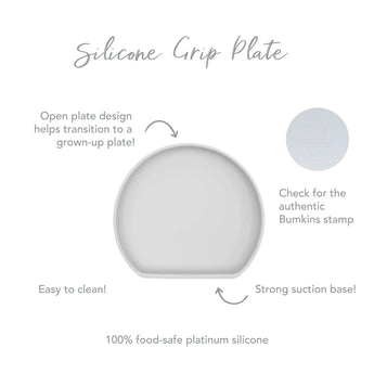 The Bumkins Silicone Grip Plate: Gray features a strong suction base, easy-to-clean, food-safe surface.