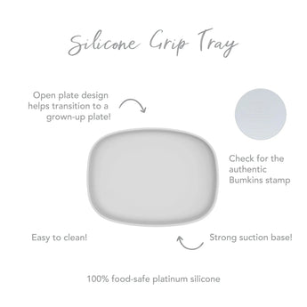 The Silicone Grip Tray by Bumkins in gray has a strong suction base, open design, and food-safe silicone. Easy to clean with authentic stamp.