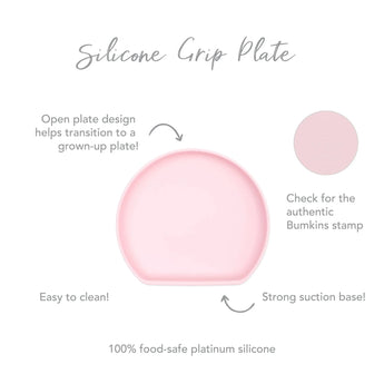 The Bumkins Silicone Grip Plate: Pink is easy to clean, food-safe, and features a strong suction base for a smooth transition.