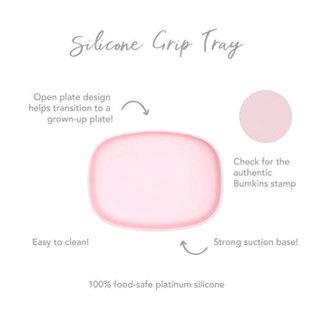 Bumkins Silicone Grip Tray in Pink features a suction base, food-safe silicone, easy cleaning, open design, and authentic Bumkins stamp.