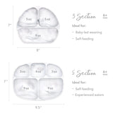 The Bumkins Silicone Grip Dish: Marble includes two sectioned plates for meals, with 3 and 5 sections showing ideal serving sizes. Food-safe.