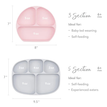 Compare Bumkins pink 3-section Silicone Grip Dish & gray 5-section plates for infants 6 months+, ideal for toddler self-feeding.