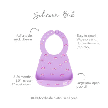 The Bumkins Silicone Bib: Rainbows ensures baby safety with an adjustable neck, large pocket, and is dishwasher-safe.