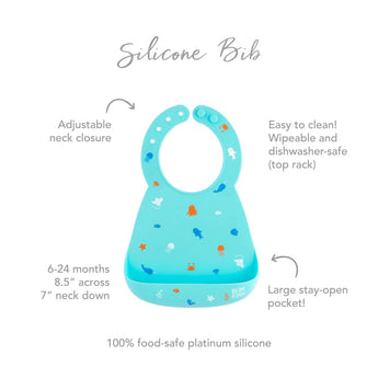 Bumkins Silicone Bib: Ocean Life, adjustable neck, dishwasher-safe, for ages 6-24 months. Stay-open pocket.