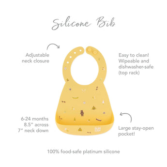 Bumkins Silicone Bib: Camp Gear features adjustable neck, large pocket, playful designs; dishwasher-safe for easy cleaning.