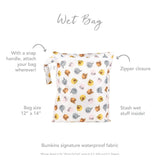 The Bumkins Wet Bag: Winnie and Friends is waterproof, white, 12x14, with a snap handle and zipper closure.