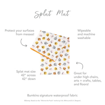 The Bumkins Splat Mat: Winnie and Friends is waterproof, machine washable, wipeable, and measures 42x42 for easy cleaning.