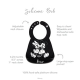 Bumkins Silicone Bib with Mickey + Minnie Mouse features an adjustable neck, large pocket, and easy cleaning instructions.