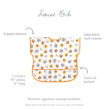 Bumkins Junior Bib: Winnie and Friends features capped sleeves, an adjustable neck, a catch-all pocket, and a forest animal design.