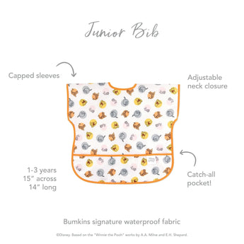 Bumkins Junior Bib: Winnie and Friends features capped sleeves, an adjustable neck, a catch-all pocket, and a forest animal design.