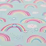 Bumkins Wet/Dry Bag: Rainbows features a cute pattern of rainbows, smiling clouds, and water droplets on light blue waterproof fabric.