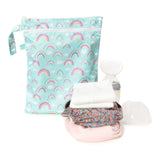 Breast pump, bottle, cloth diapers, and Bumkins Wet/Dry Bag: Rainbows with waterproof fabric and a handy snap handle.