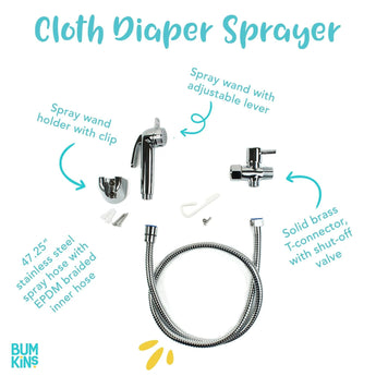 Image showcasing the Bumkins Cloth Diaper Sprayer set, ideal for cloth diapering. Comes with a spray wand holder and clip, adjustable spray pressure wand, 47.25 stainless steel hose, and solid brass T-connector with shut-off valve. Bumkins logo displayed in the corner.