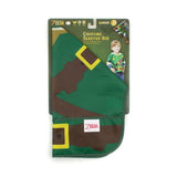 The Bumkins Sleeved Bib: Zelda™, inspired by a video game character, features a green design with a brown belt. Made of waterproof fabric for easy cleaning, its packaging displays a smiling child wearing this Legend of Zelda bib.