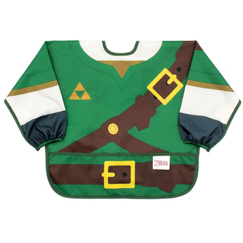 Bumkins Sleeved Bib: Zelda™ has a green fantasy tunic design and is made from waterproof fabric for easy cleaning.