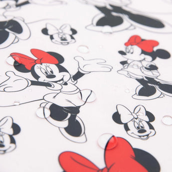 The Bumkins Splat Mat: Minnie Mouse features a waterproof fabric with illustrated characters in red bows and dresses scattered throughout.