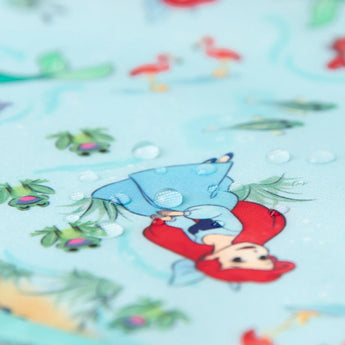 Close-up of a cartoon mermaid with sea creatures on light blue waterproof fabric, perfect for Bumkins Sleeved Bib: Ariel.