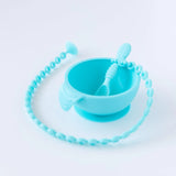 Bumkins Silicone First Feeding Set: Blue includes a baby bowl with suction and spoon. Made of food-safe silicone, ideal for self-feeding!.