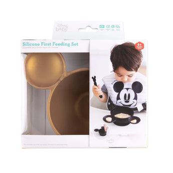 Bumkins Silicone First Feeding Set: Minnie Mouse Gold includes a bowl and spoon made of food-safe platinum silicone, ideal for 6m+.