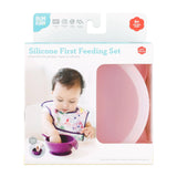 Bumkins Silicone First Feeding Set in Pink for babies 6+ months, featuring a suction base bowl for self-feeding.